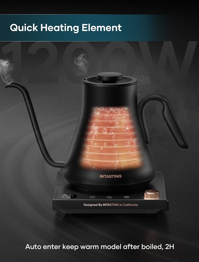 intasting Electric Kettle, Gooseneck Electric Kettle, ±1℉ Precise Temperature Control, Stainless Steel Interior, Quick Heating for Pour Over Coffee, Tea & Boiling Water, 0.9L (Black) - Image 5
